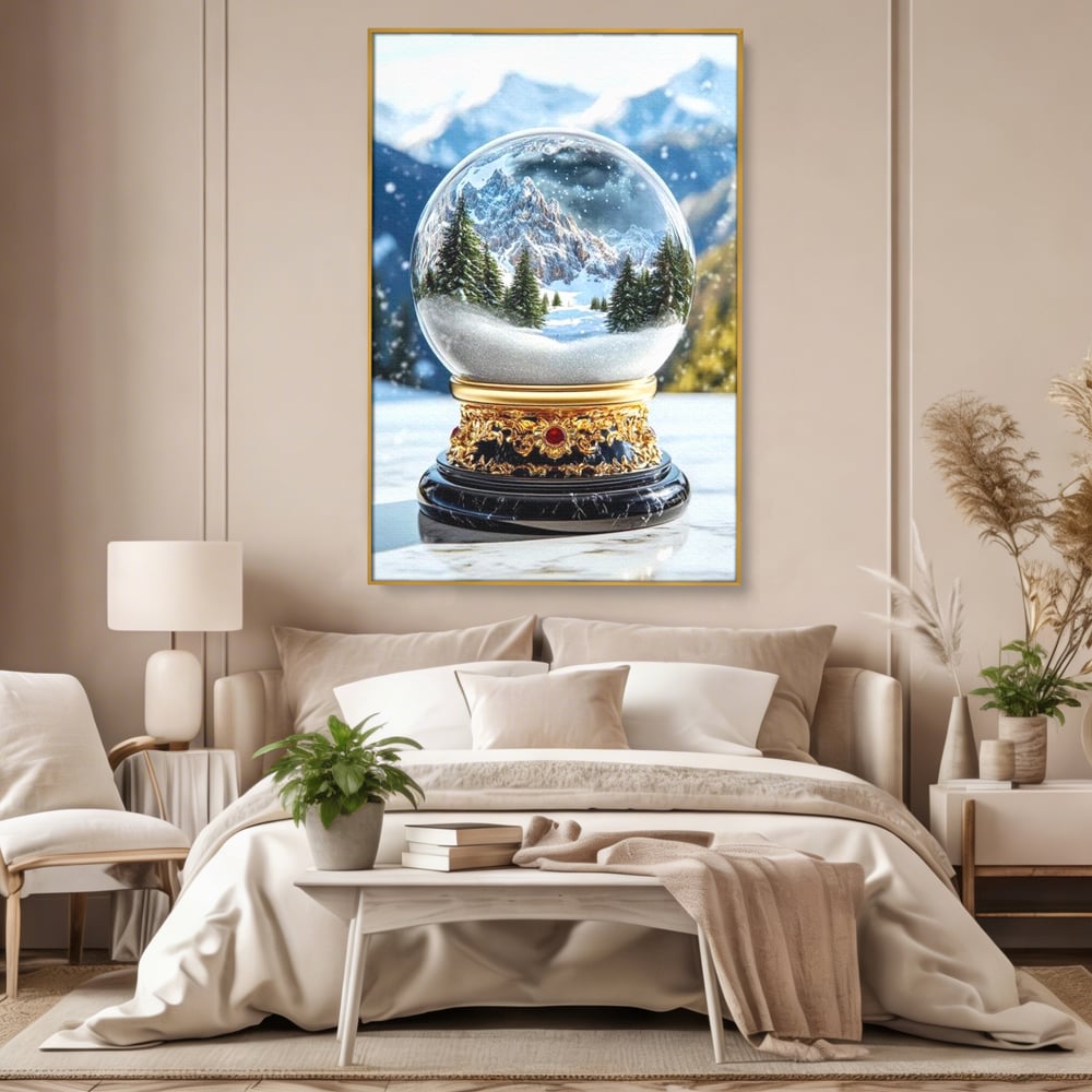 Tablou canvas cu tablou canvas cu glob de sticla si munti, in rama de aluminiu auriu, pe perete intr-un dormitor